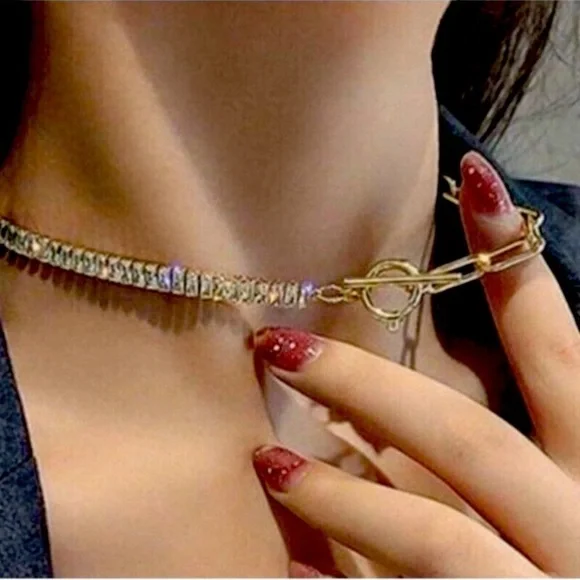 Gold Plated Paper clip necklace choker womens trendy jewelry - Picture 2 of 13